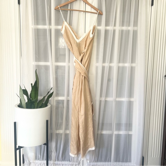 Anthropologie Azulu Vitoria Camel Linen Contrast Colorblock Wrap Dress Sz XS - Picture 3 of 12